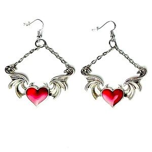 Red heart earrings gothic goth punk alt dangly festival rave witchy vampire bat